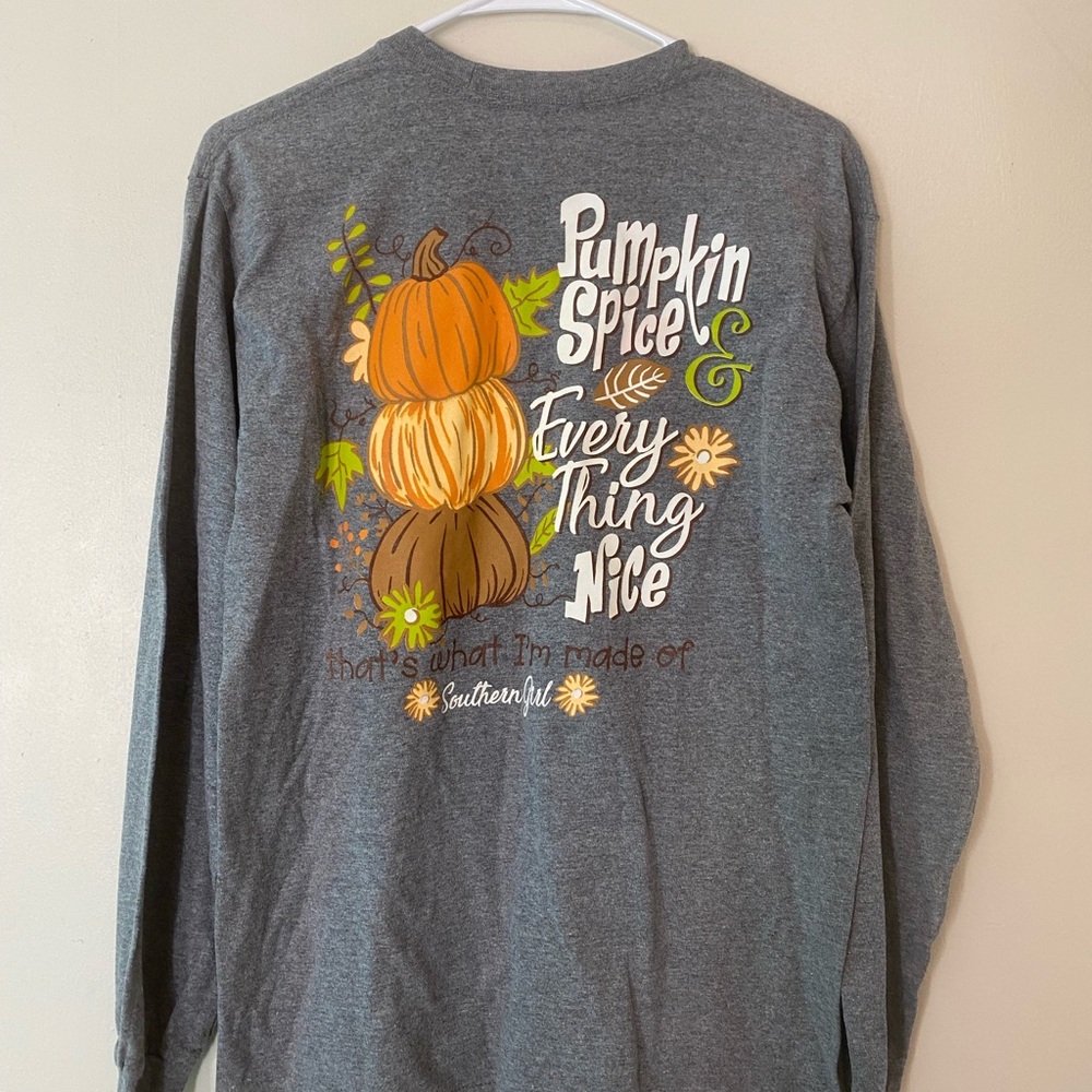 Gildan Gray and Orange Long Sleeve Tee with Pumpkin Graphic